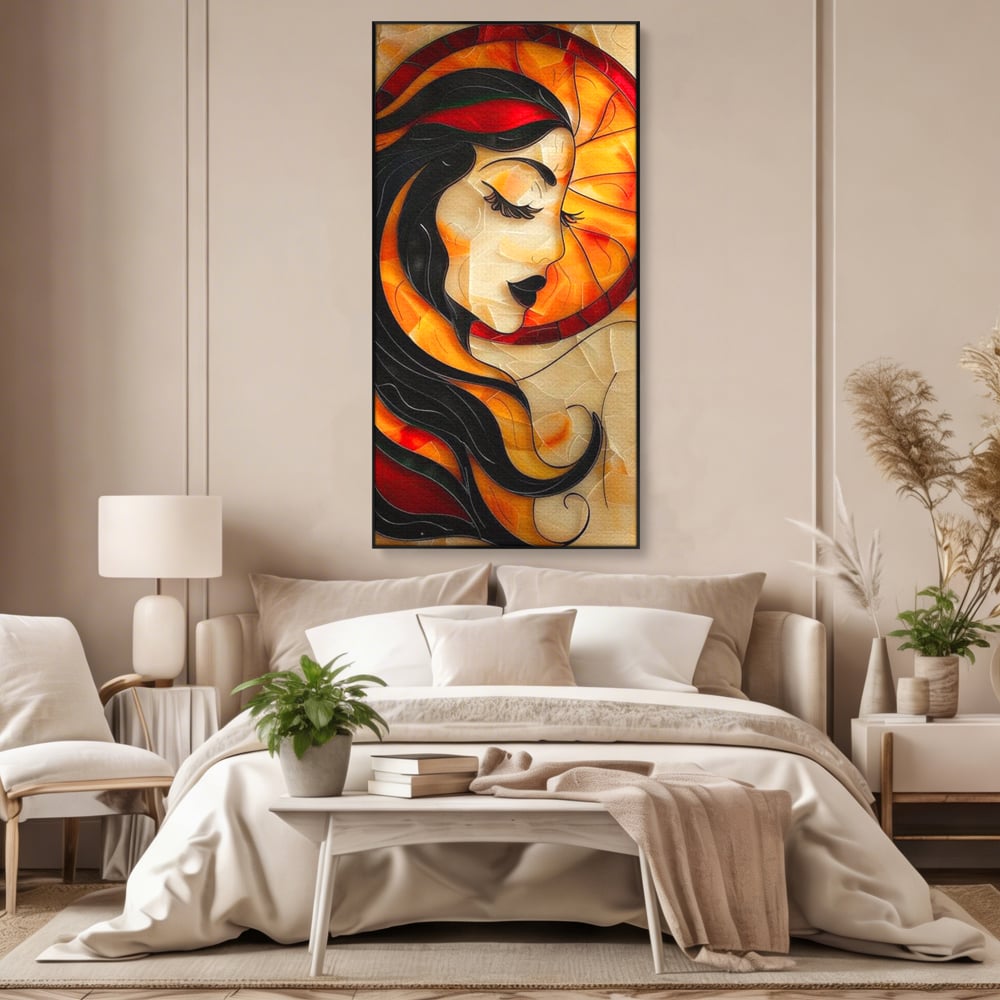 Tablou canvas cu tablou canvas cu profil de femeie stil vitraliu, in rama de aluminiu negru, pe perete intr-un dormitor
